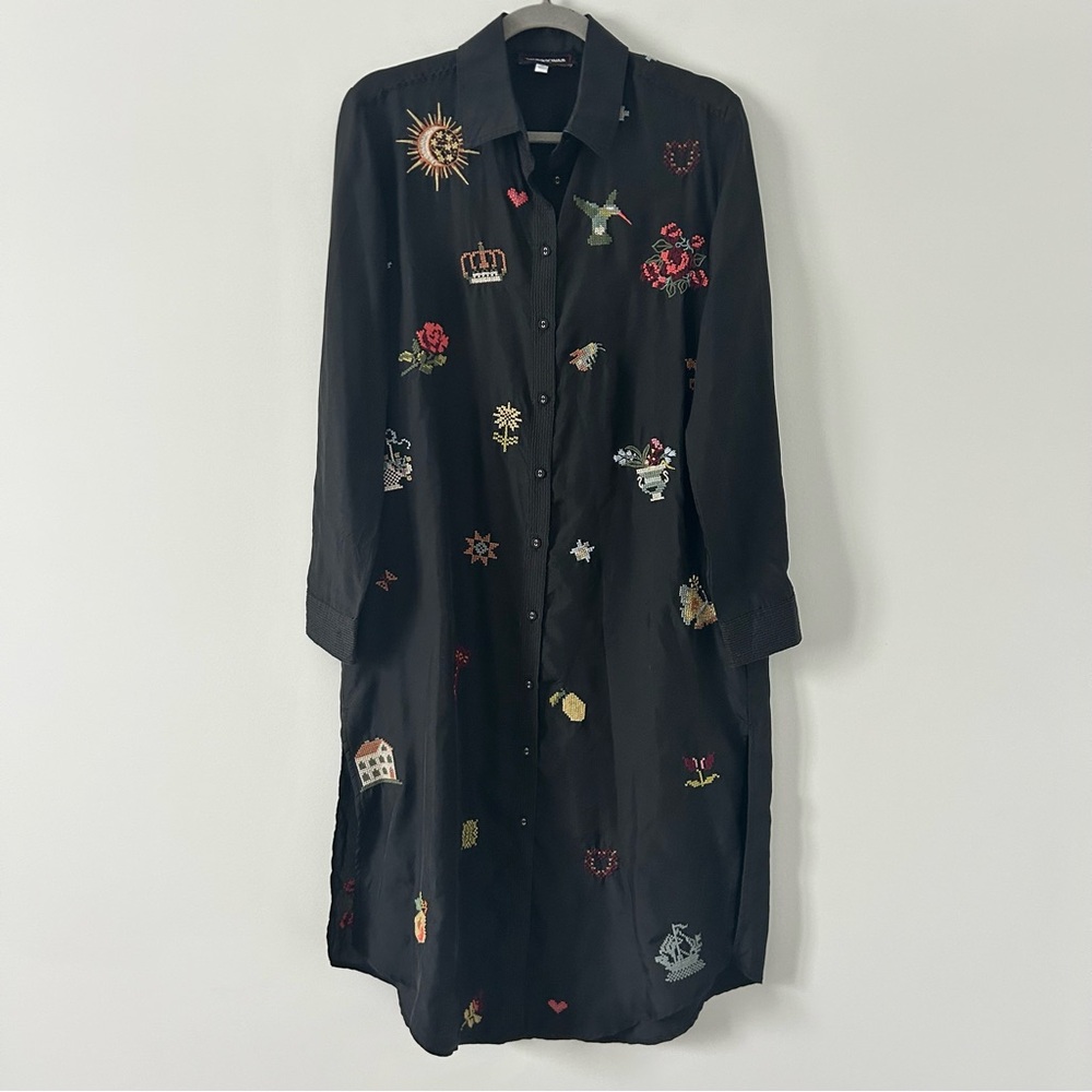 Johnny Was Workshop Black Alexandria Embroidered Cross Stitch Shirt Dress XS